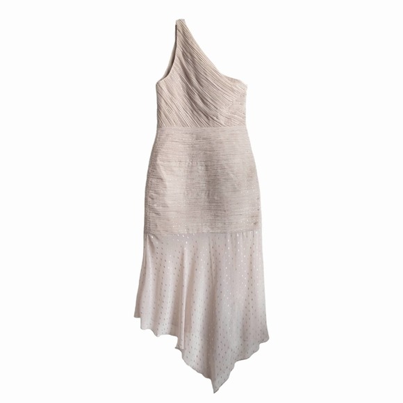 Halston Heritage One Shoulder Metallic Champagne Gold Trumpet Dress Size 8 - Picture 3 of 15